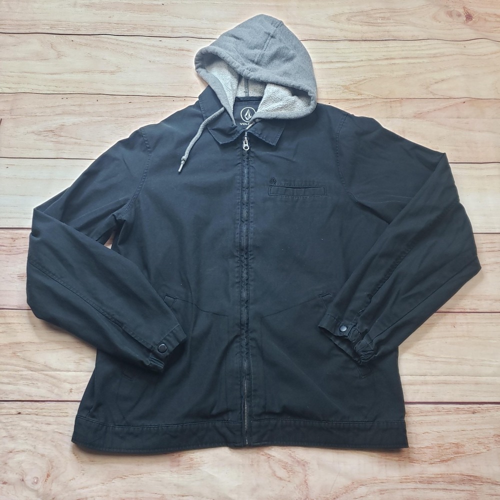 Volcom Jacket Mens L Black Windbreaker Hooded Lined Full‎ Zip Casual Twill Skate